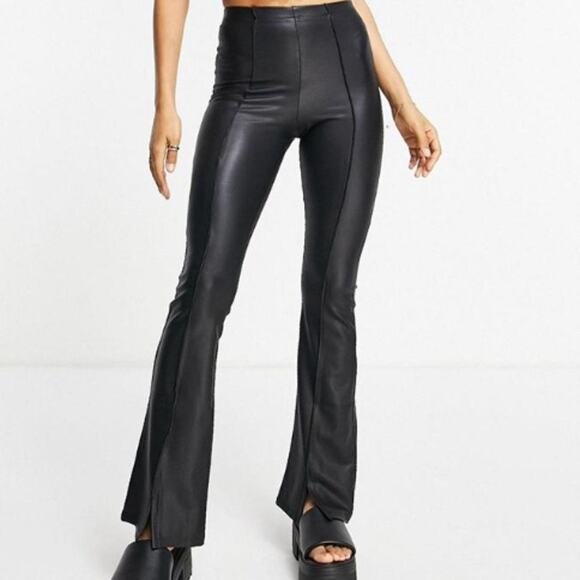 New ~ TOPSHOP ~ Women's Faux Leather Flared Trousers With Front Slit Hem Size 8 - Picture 1 of 9